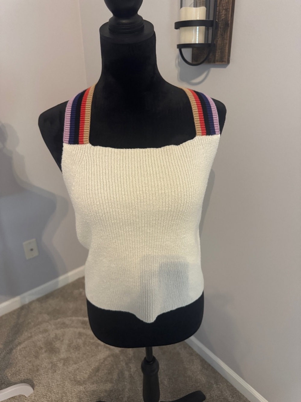 Pilcro Cream Knit Tank Top with Multicolor Striped Straps